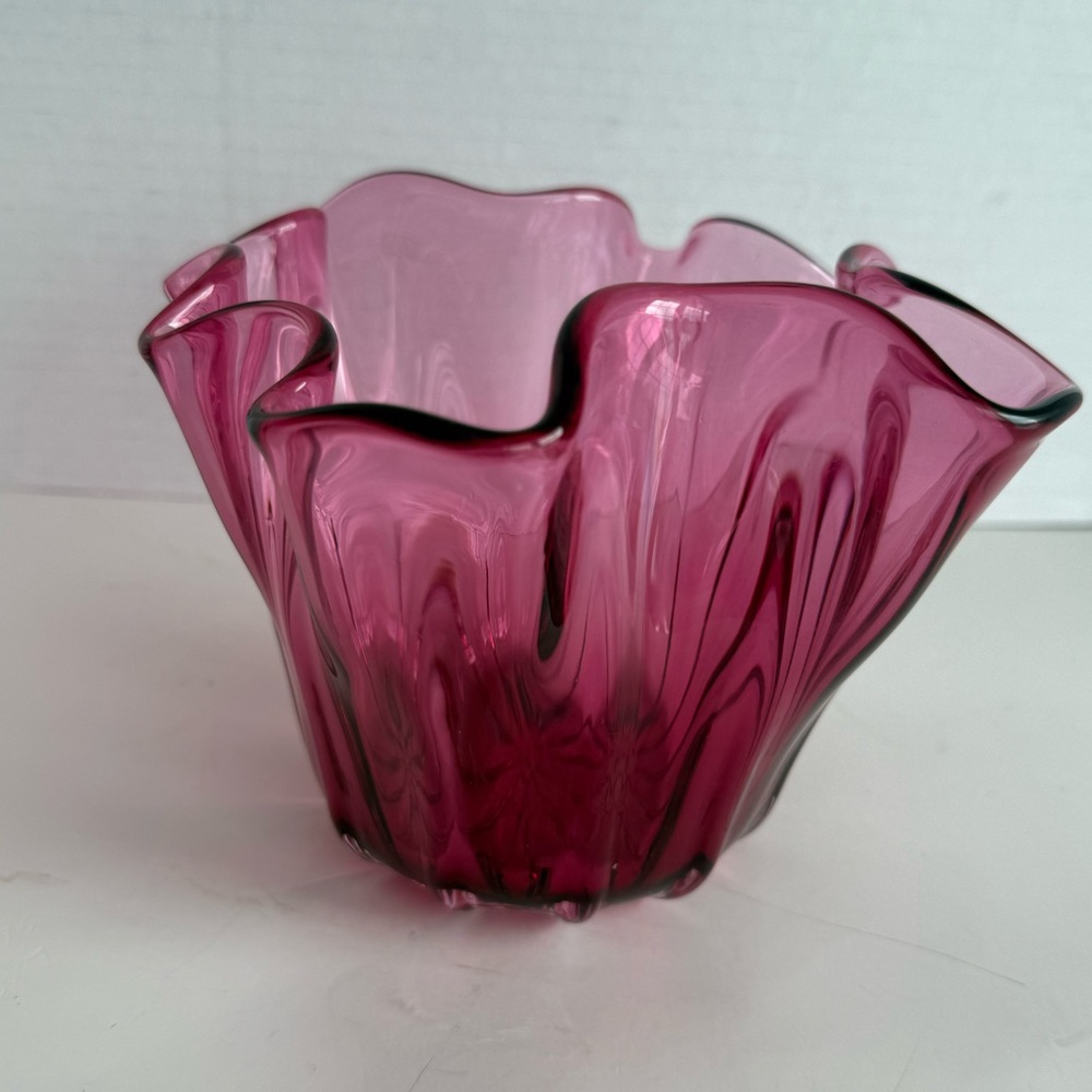Vintage Rossi Hand Blown Cranberry Glass Handkerchief Candy Dish Ruffled Edge